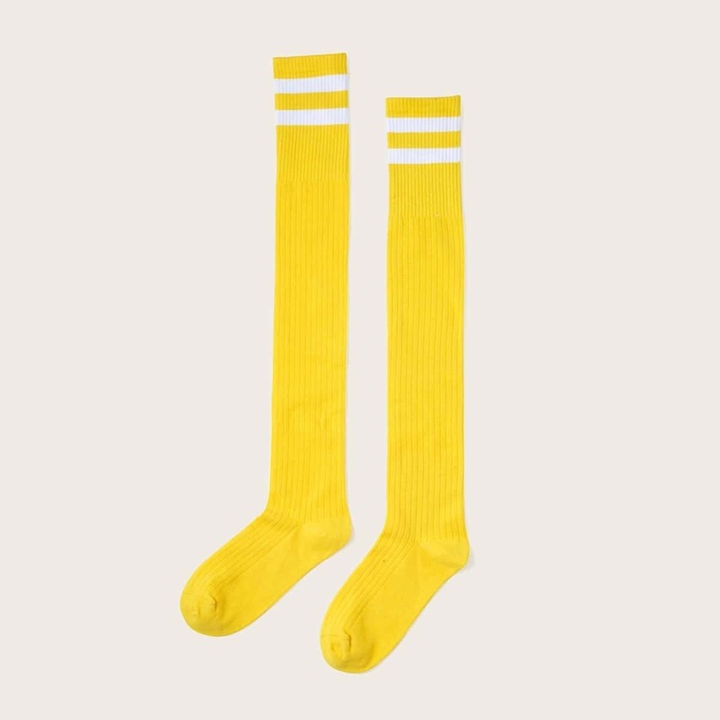

1pair Striped Pattern Knee Length Socks, Yellow