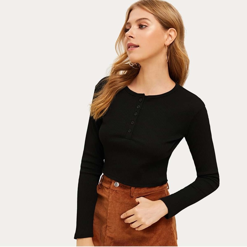 

Reflective Button Rib-knit Tee, Black