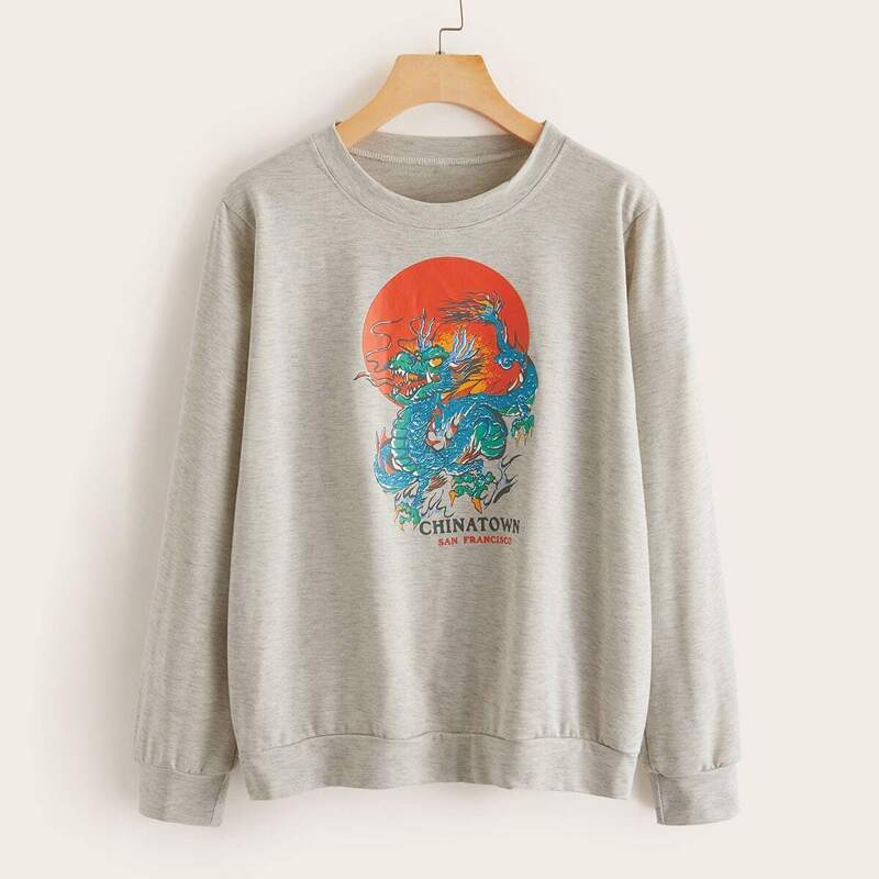 

Letter & Dragon Print Sweatshirt, Grey