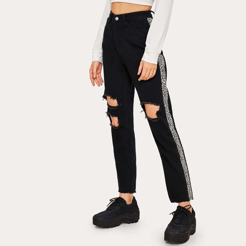 

Contrast Leopard Ripped Raw Hem Jeans, Black