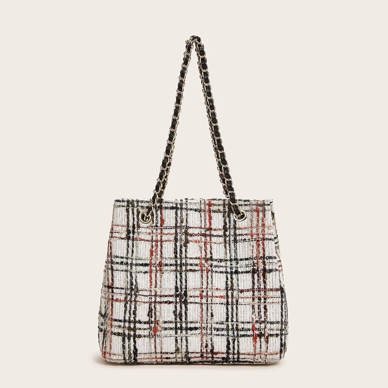 

Tweed Plaid Chain Bucket Bag, Multicolor