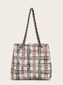 Tweed Plaid Chain Bucket Bag