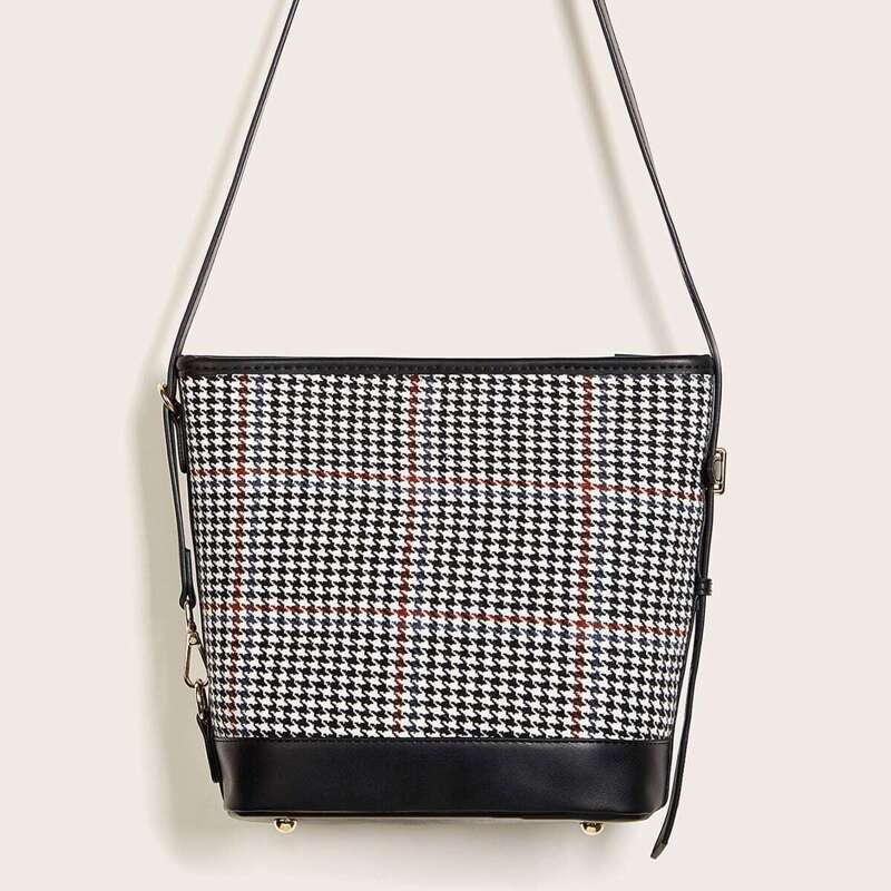 

Houndstooth Print Adjustable Strap Crossbody Bag, Black