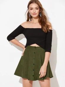 SHEIN EZwear Buttoned Front Cord Skater Skirt - Army Green - View 4