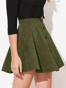 SHEIN EZwear Buttoned Front Cord Skater Skirt - Army Green - View 5
