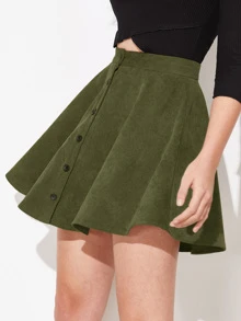 SHEIN EZwear Buttoned Front Cord Skater Skirt - Army Green - View 1