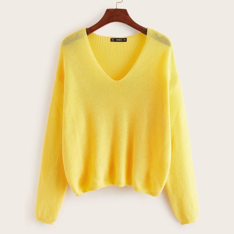 

V-neck Solid Sweater, Yellow bright