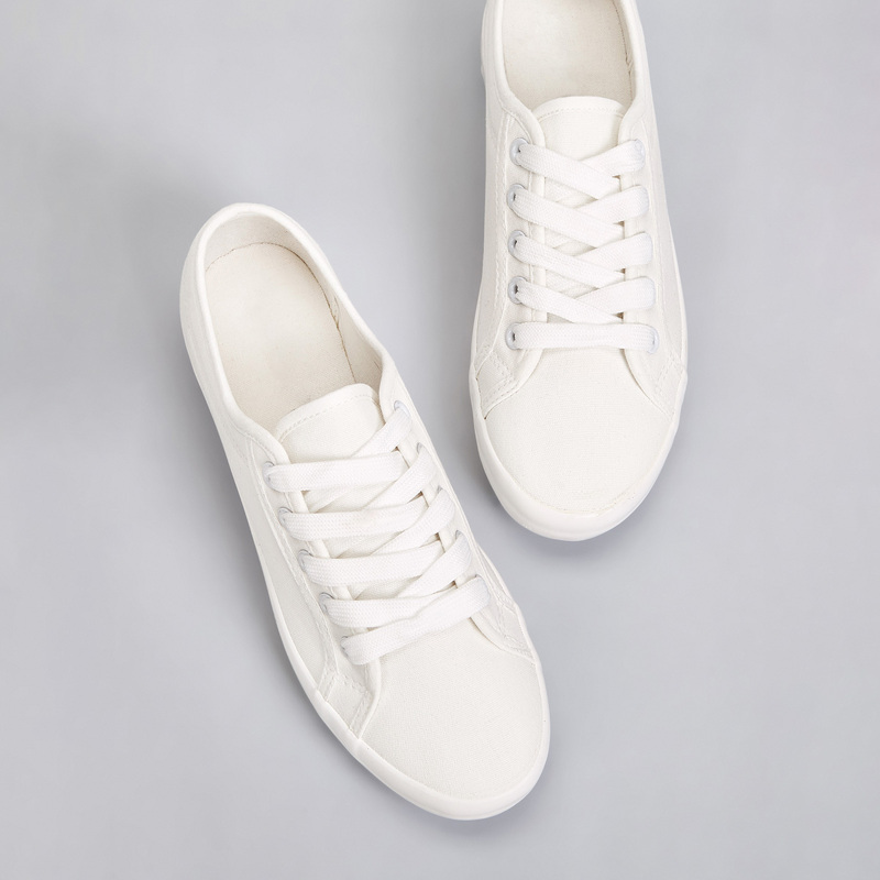 

Solid Lace Up Flat Trainers, White