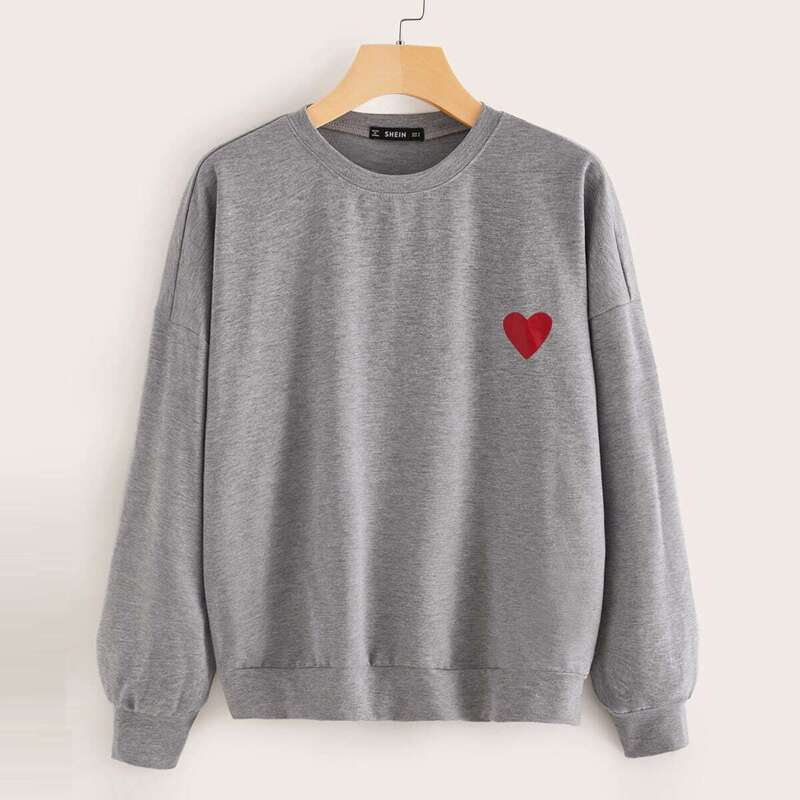 

Drop Shoulder Heart Print Sweatshirt, Grey