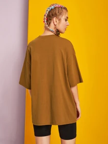 SHEIN 落肩標語圖案上衣 - 棕色 - 查看 2