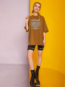 SHEIN 落肩標語圖案上衣 - 棕色 - 查看 3