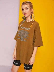 SHEIN 落肩標語圖案上衣 - 棕色 - 查看 4