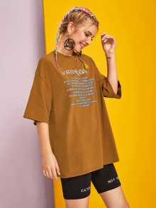 SHEIN 落肩標語圖案上衣 - 棕色 - 查看 5