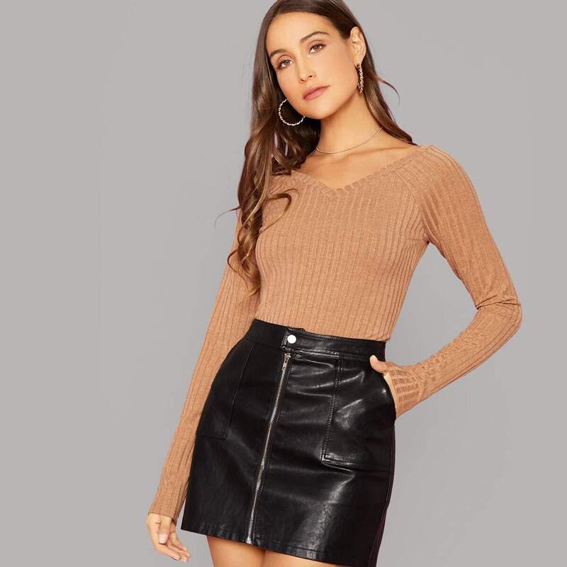 

Rib-knit Raglan Sleeve Top, Camel