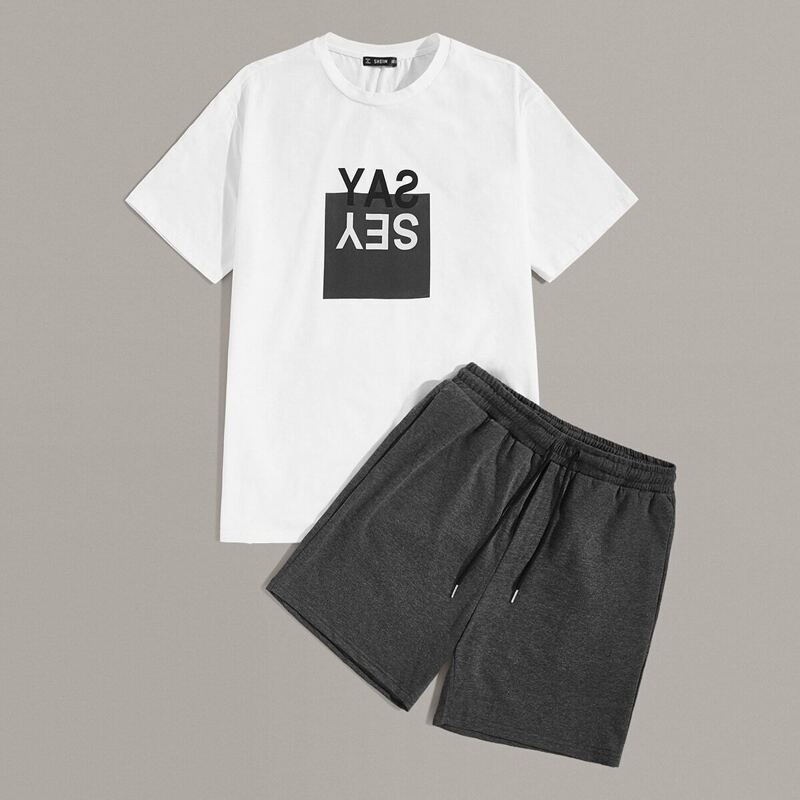 

Guys Letter Print Top & Drawstring Waist Shorts Set, Multicolor