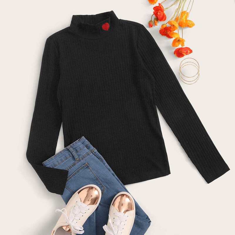 

Heart Embroidered Rib-knit Tee, Black