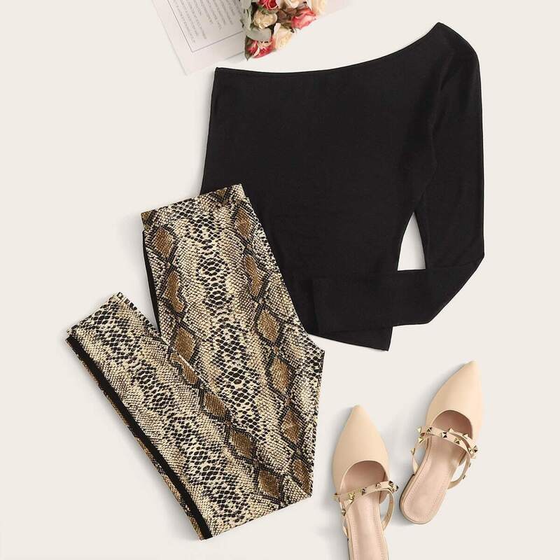 

One Shoulder Top & Tape Side Snakeskin Leggings Set, Multicolor