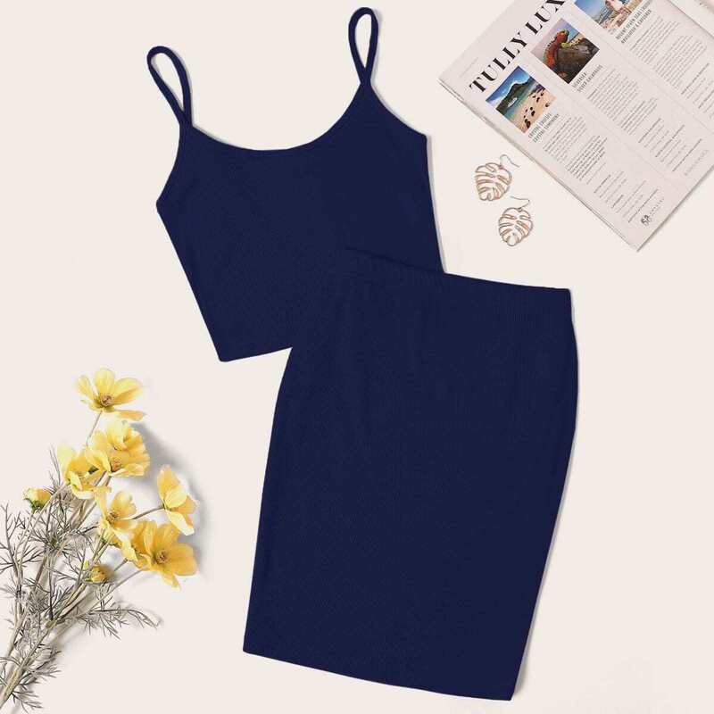 

Rib-knit Cami Top & Skirt Set, Navy