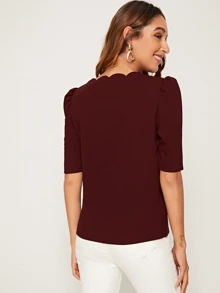 SHEIN Clasi Scallop Trim Puff Sleeve Top - Burgundy - View 2