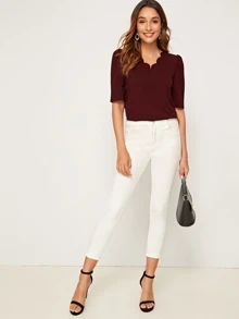 SHEIN Clasi Scallop Trim Puff Sleeve Top - Burgundy - View 3