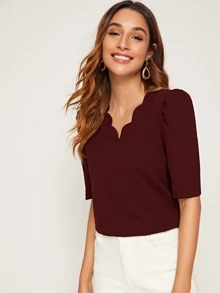 SHEIN Clasi Scallop Trim Puff Sleeve Top - Burgundy - View 4