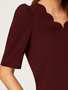 SHEIN Clasi Scallop Trim Puff Sleeve Top - Burgundy - View 5
