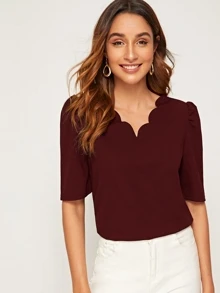 SHEIN Clasi Scallop Trim Puff Sleeve Top - Burgundy - View 1
