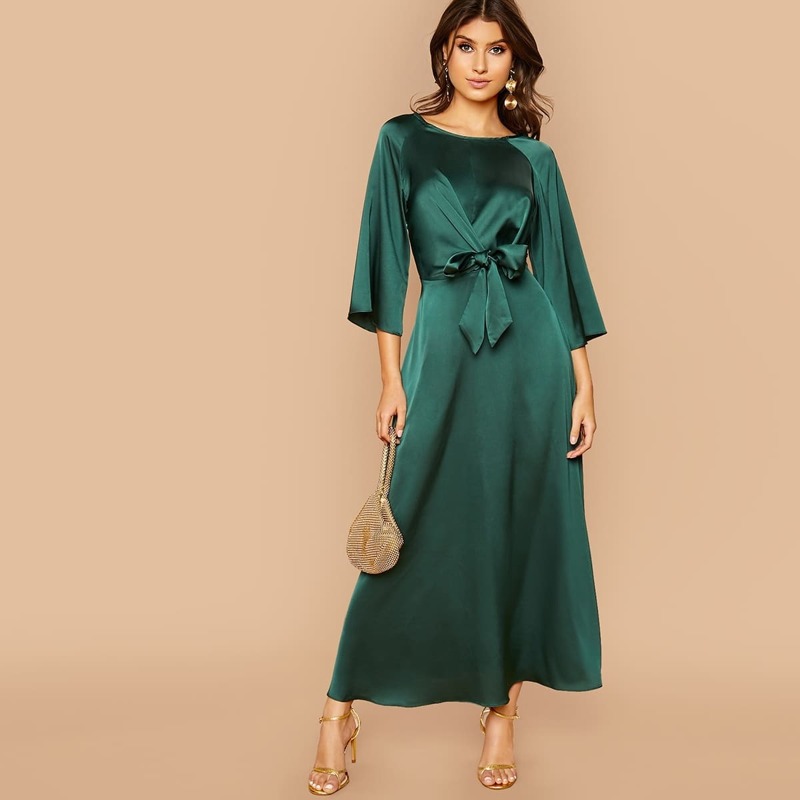 

Raglan Sleeve Tie Front Flare Satin Dress, Green