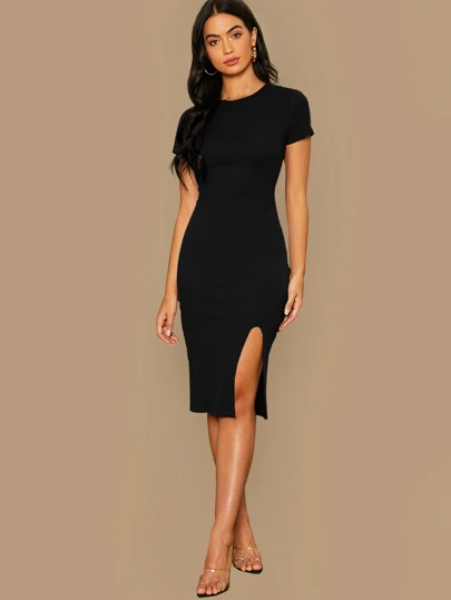 SHEIN Ribbed Bodycon Dress with Split Hem