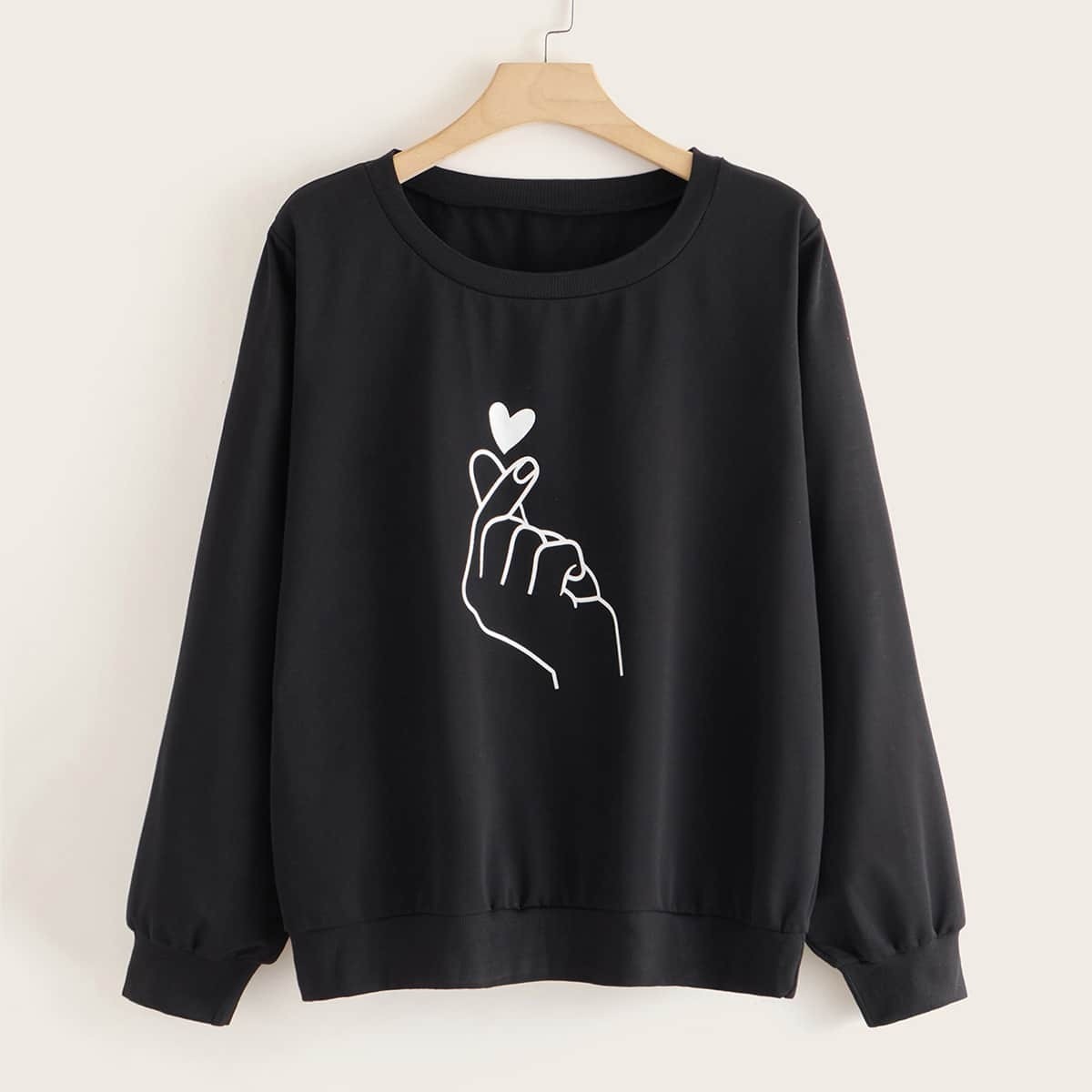 

Plus Heart Print Long Sleeve Sweatshirt, Black
