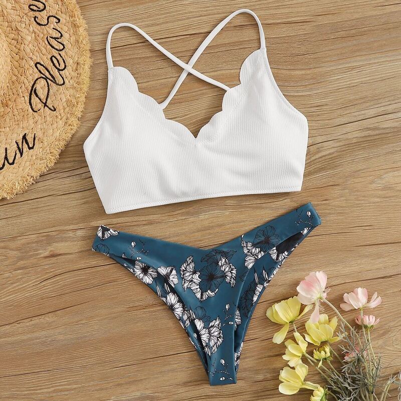 

Textured Lace Up Top With Floral Bikini Set, Multicolor