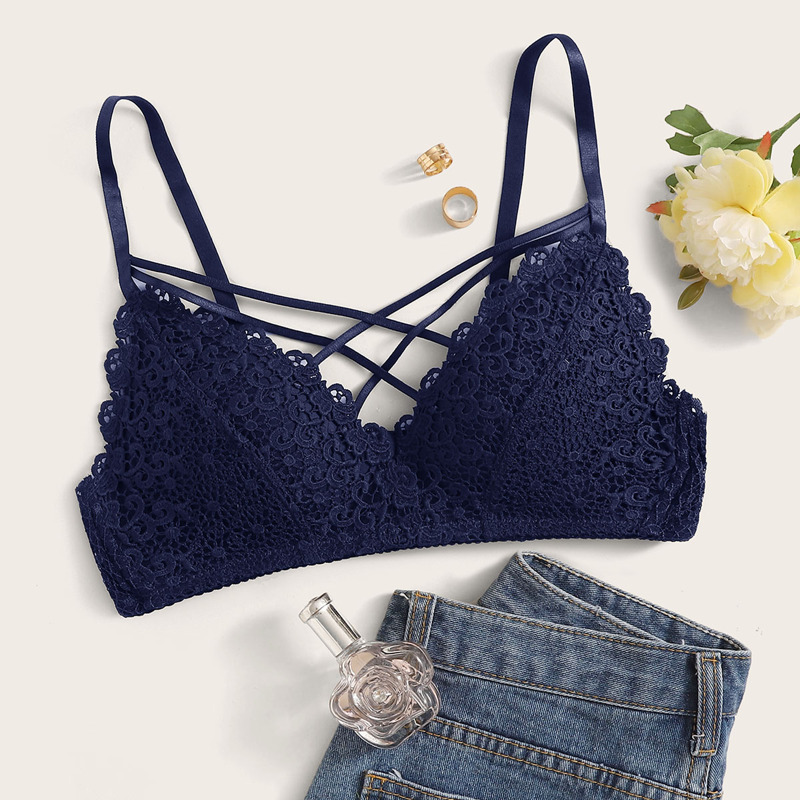 

Floral Lace Crisscross Bra, Navy blue