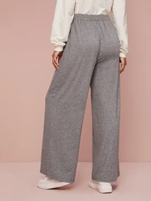 SHEIN Tie Waist Wide Leg Heather Grey Trousers - Grey - View 2