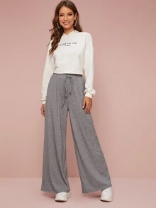 SHEIN Tie Waist Wide Leg Heather Grey Trousers - Grey - View 3