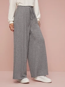 SHEIN Tie Waist Wide Leg Heather Grey Trousers - Grey - View 4