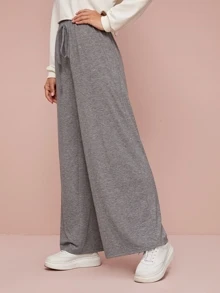 SHEIN Tie Waist Wide Leg Heather Grey Trousers - Grey - View 5