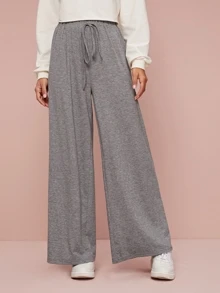 SHEIN Tie Waist Wide Leg Heather Grey Trousers - Grey - View 1