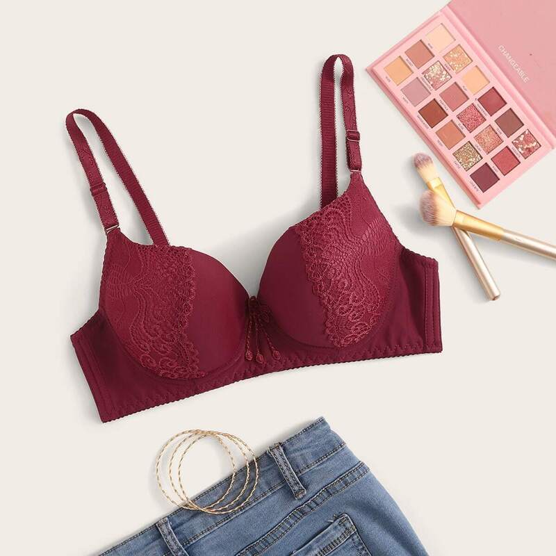 

Lace Trim Underwire Bra, Burgundy