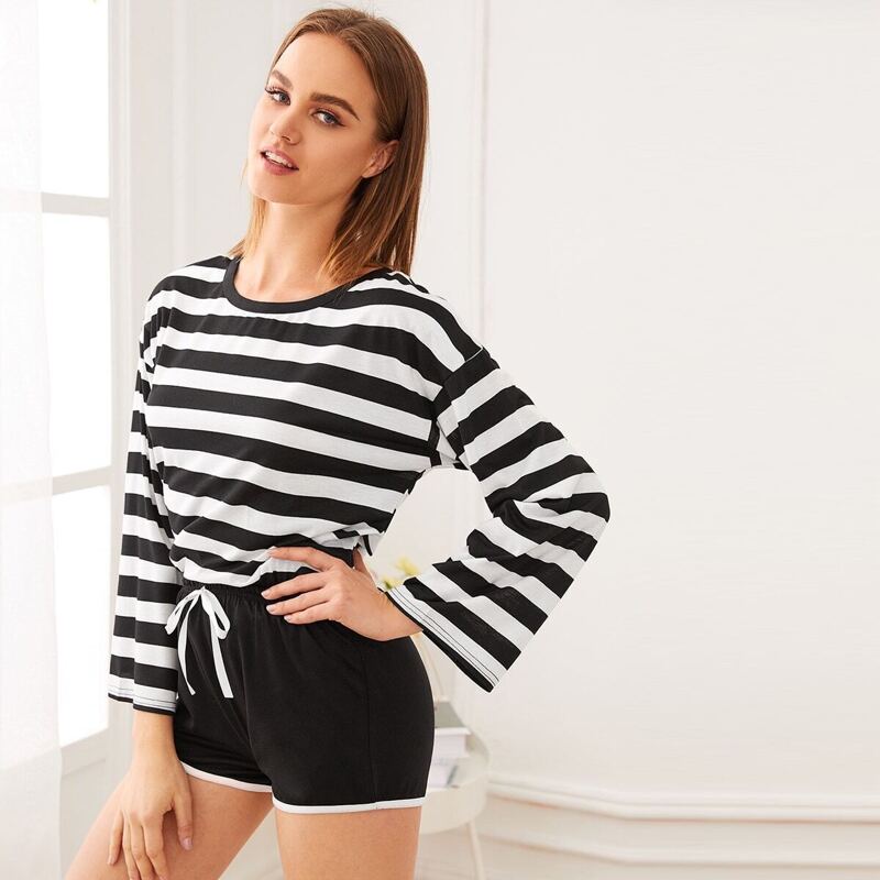 

Striped Contrast Binding Pajama Set, Black and white