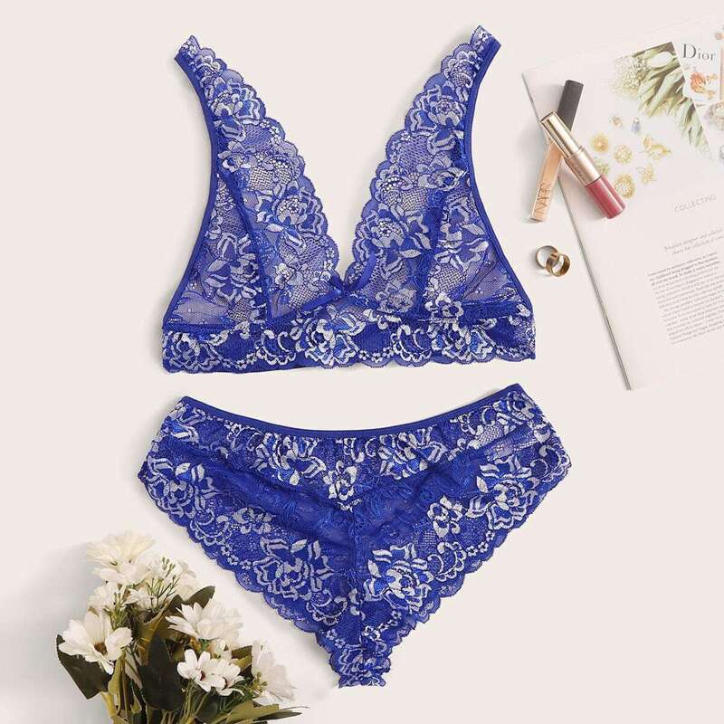 

Floral Lace Lingerie Set, Blue