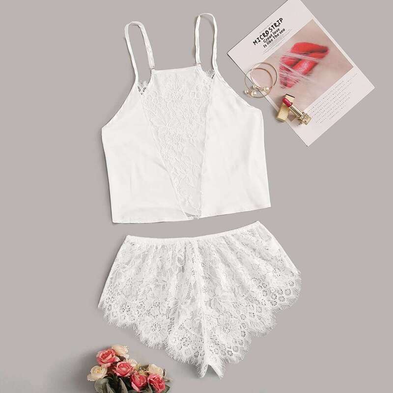 

Floral Lace Satin Cami With Shorts, White