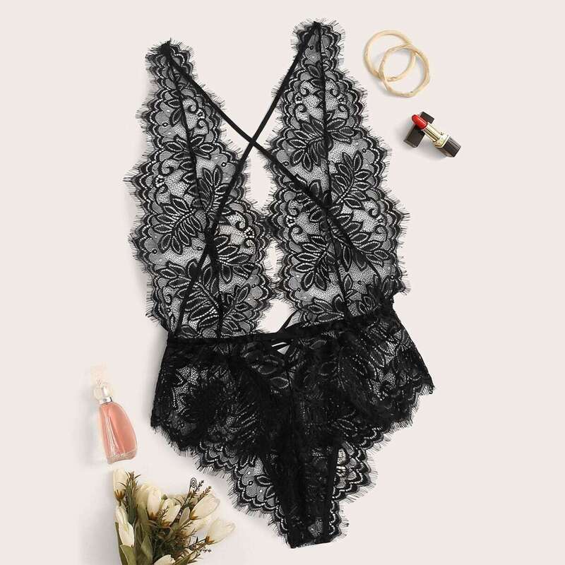 

Eyelash Lace Crisscross Sheer Teddy Bodysuit, Black