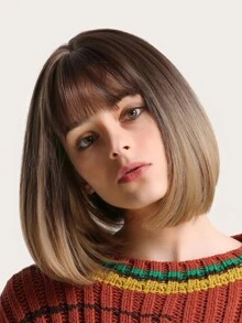 Pelucas Haircube De 12 Pulgadas De Color Marrón Degradado Para Mujeres, Pelucas Cortas Y Rectas Con Flequillo, Peinado Corto Y Temperamental, Pelucas Sintéticas Hermosas Y De Moda Resistentes Al Calor - Marrón - Ver 2