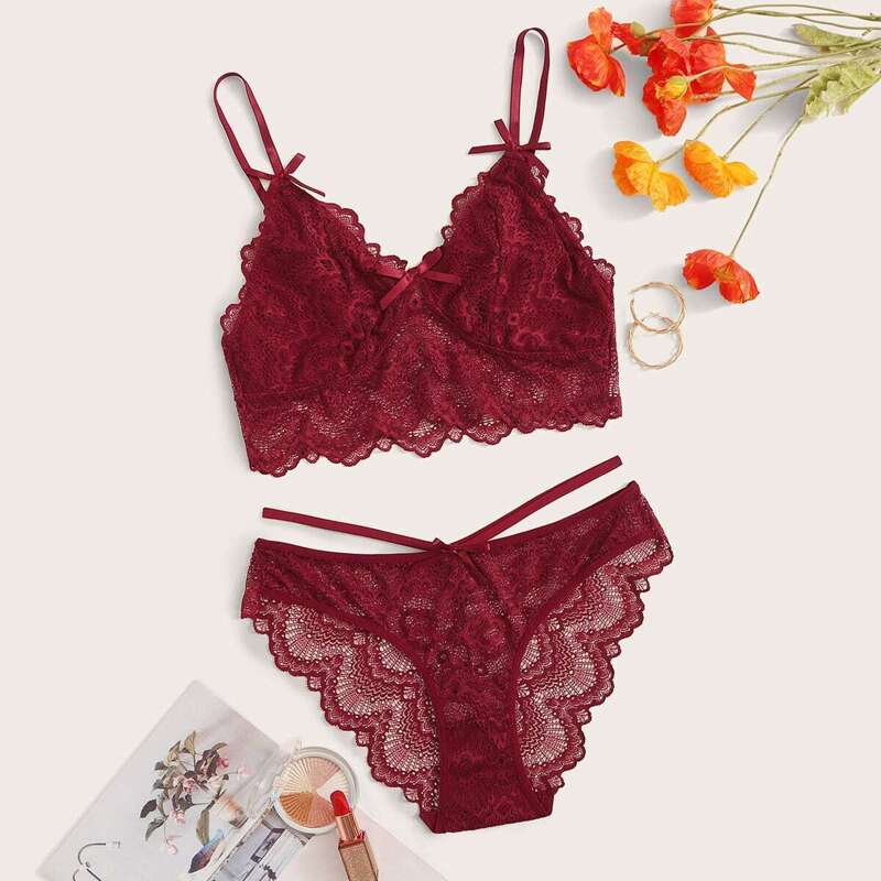 

Floral Lace Lingerie Set, Burgundy