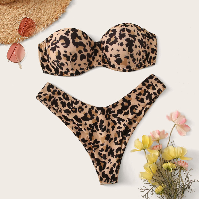 

Leopard Tie Back Bandeau Bikini Swimsuit, Multicolor