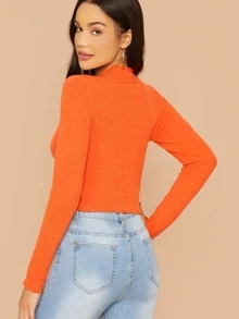 SHEIN Neon Orange Lettuce Trim Rib-knit Tee - Orange - View 2