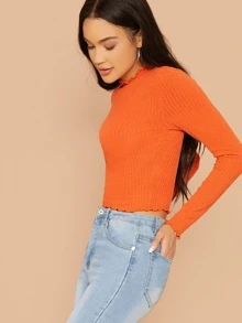 SHEIN Neon Orange Lettuce Trim Rib-knit Tee - Orange - View 3