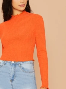 SHEIN Neon Orange Lettuce Trim Rib-knit Tee - Orange - View 4