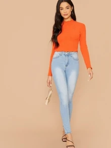 SHEIN Neon Orange Lettuce Trim Rib-knit Tee - Orange - View 5
