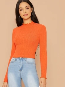 SHEIN Neon Orange Lettuce Trim Rib-knit Tee - Orange - View 1